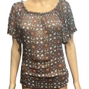 Rampage Geometric Floral Chiffon Peplum Top with Flutter Sleeves